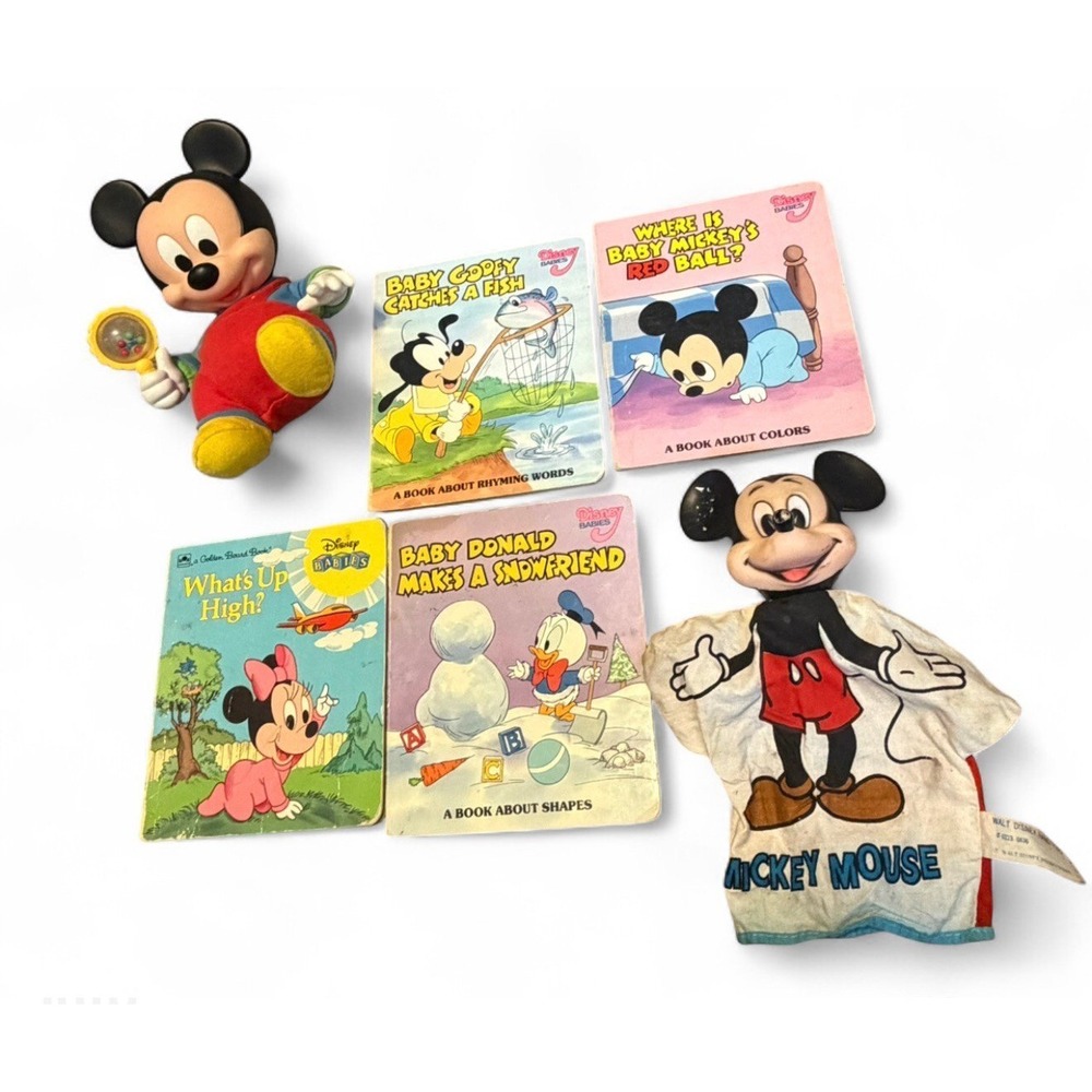 Vintage Disney Babies Mickey Mouse Plush Puppet & Board Book Lot Baby Toy